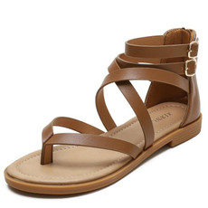 Ladies Summer Strappy Cross Sandals Roman Style Low-Heeled Retro Shoes, Size: 42(Brown)
