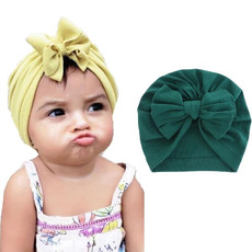 3 PCS Baby Solid Color Cotton Hedging Cap Bowknot Turban Hat(Dark Green)