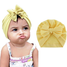 3 PCS Baby Solid Color Cotton Hedging Cap Bowknot Turban Hat(Yellow)