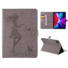 For iPad Pro 11 (2020) Pressed Printing Woman and Cat Pattern Horizontal Flip Leather Tablet Case with Holder & Card Slots & Wallet(Grey)