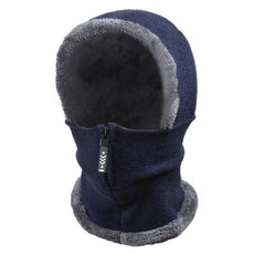Knit Ear Protection Plus Velvet Thickening One-piece Hat Scarf Face Mask(Navy Blue)