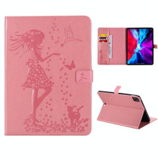 For iPad Pro 11 (2020) Pressed Printing Woman and Cat Pattern Horizontal Flip Leather Tablet Case with Holder & Card Slots & Wallet(Pink)