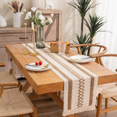 2 PCS Cotton and Linen Woven Colorblock Tassel Striped Rhombus Table Runner, Size: 30x220cm(2 Hemp + Diamond Lattice)