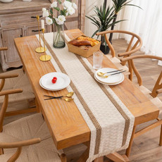 2 PCS Cotton and Linen Woven Colorblock Tassel Striped Rhombus Table Runner, Size: 30x220cm(2 Hemp)
