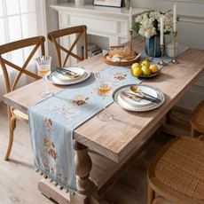Home Vintage Flower Chenille Beads Table Runner, Size: 32x270cm(Light Blue)