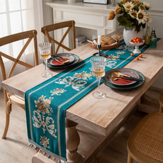 Home Vintage Flower Chenille Beads Table Runner, Size: 32x240cm(Ink Green)