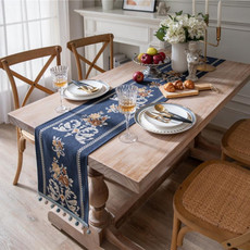 Home Vintage Flower Chenille Beads Table Runner, Size: 32x270cm(Navy)