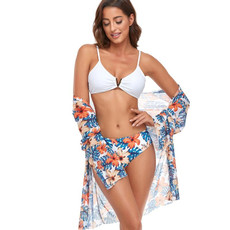 Bikini + Mesh Shawl + Split Swimsuit Women Swimsuit With Chest Pad, Size: XL(White Orange Flowers)