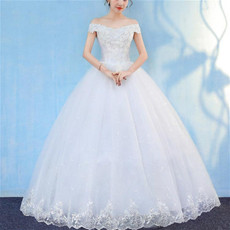 Retro Elegant Off Shoulder LaceThin Court Neat Princess Wedding Dress, Size:M(White) Retro Elegant Off Shoulder LaceThin Court Neat Princess Wedding Dress, Size:M(White)