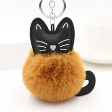 Fluffy Rabbit Fur Ball Cat Head Doll Toy Pompom Plush Keychains(Yellow)