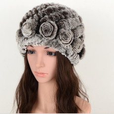 Real Rabbit Fur Grass Pineapple Hat Korean Version of the Women's Warm Earmuffs(double brown)