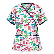 Printed V-neck Mid-length Nurse Uniform T-shirt (Color:White Size:M)