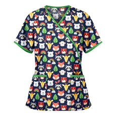 Printed V-neck Mid-length Nurse Uniform T-shirt (Color:Green Size:S)