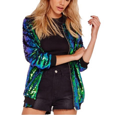 Ladies Loose Sequin Baseball Jacket (Color:Green Size:L) Ladies Loose Sequin Baseball Jacket (Color:Green Size:L)