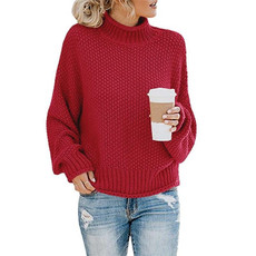 Fashion Thick Thread Turtleneck Knit Sweater (Color:Wine Red Size:XL)