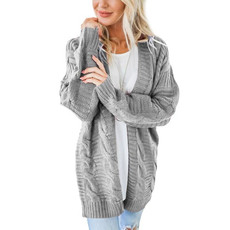 Mid-length Style Solid Color Thick Thread Twist Cardigan Knit Sweater (Color:Grey Size:S)