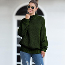Fashion Edge Curl High Collar Knit Sweater (Color:Army Green Size:L)