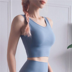 Full Package Deep U-back Shockproof Gathered Fashion Vest Sports Bra (Color:Grey Blue Size:S)