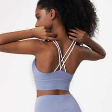 Skin Friendly Nude Sports Bra Cross Back Shockproof Fitness Vest (Color:Gray Blue Size:L)