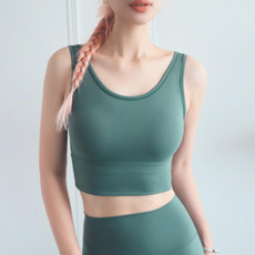 Full Package Deep U-back Shockproof Gathered Fashion Vest Sports Bra (Color:Grey Lake Green Size:S)