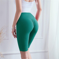 Double Sided Brocade Skin Nude Fitness Pants High Waist Five Point Tight Yoga Pants (Color:Laguna Size:S)