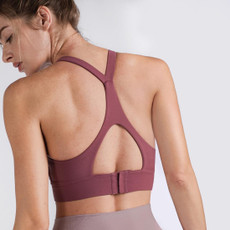 Y-shaped Wide Shoulder Belt Geometric Hollow Out Shockproof Nude Yoga Sports Underwear (Color:Plumful Size:L)