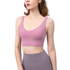 Charming Deep V Shockproof Gathered Fitness Yoga Underwear (Color:Pink Taupe Size:M)