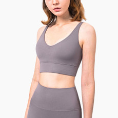 Charming Deep V Shockproof Gathered Fitness Yoga Underwear (Color:Lunar Rock Size:M)
