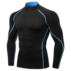 High Collar Fitness Running Stretch Quick Dry Standing Collar Long Sleeve T-shirt (Color:Black Light Blue Line Size:XXL)