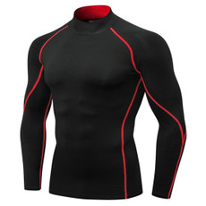 High Collar Fitness Running Stretch Quick Dry Standing Collar Long Sleeve T-shirt (Color:Black Red Line Size:S)