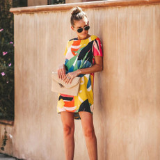 Round Neck Contrast Print Dress (Color:As Shown Size:L) Round Neck Contrast Print Dress (Color:As Shown Size:L)