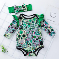 Halloween Long-sleeved Skull Print Childrens Clothing Infant Baby Clothes One-piece Clothing (Color:Green Size:73)