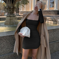 Pure Color Slim Slimming Pleated Hip Dress (Color:Black Size:L) Pure Color Slim Slimming Pleated Hip Dress (Color:Black Size:L)