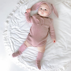 3 in 1 Autumn Baby Rabbit Shaped Cotton Pit Strip Lycra Romper with Hat & Socks Set (Color:Purple Size:80cm)