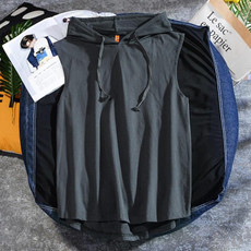 Casual Sleeveless T-shirt Hooded Vest Loose Cotton Waistcoat Sports Vest (Color:Dark Grey Size:M)