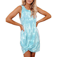 Tie-dye Printing Loose Round Neck Vest Dress Mid-length A-line Skirt for Ladies (Color:Light Green Size:XL) Tie-dye Printing Loose Round Neck Vest Dress Mid-length A-line Skirt for Ladies (Color:Light Green Size:XL)