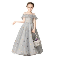 Long Five-pointed Star Pattern Lace Princess Dress Pettiskirt Performance Formal Dress for Girls (Color:Grey Size:140cm)