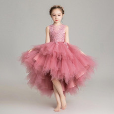 Sleeveless Short Front and Long Back Lace Princess Dress Pettiskirt Performance Formal Dress for Girls (Color:Bean Paste Size:100cm)