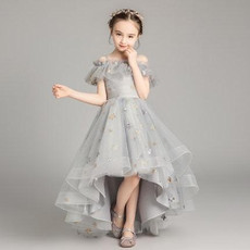 Five-pointed Star Pattern Short Front and Long Back Lace Princess Dress Pettiskirt Performance Formal Dress for Girls (Color:Grey Size:160cm)