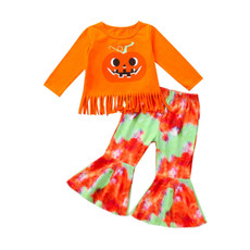 Girls Pumpkin Long Sleeve Tassel T-shirt Tie Dye Flared Pants Set (Color:Orange Size:130cm)