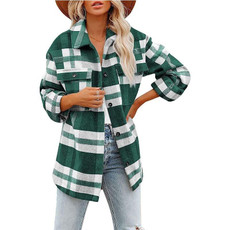 Lapel Long Sleeve Flannel Check Shirt Loose Casual Cardigan Jacket for Ladies (Color:Green Size:L)
