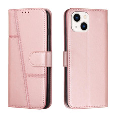 For iPhone 15 Stitching Calf Texture Buckle Leather Phone Case(Rose Gold)