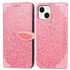 For iPhone 14 Blooming Mandala Embossed Wings Buckle Leather Phone Case(Pink)