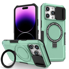 For iPhone 14 Pro Max Sliding Camshield Magsafe Holder TPU Hybrid PC Phone Case(Light Blue)