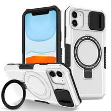 For iPhone 11 Sliding Camshield Magsafe Holder TPU Hybrid PC Phone Case(Black White)