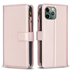 For iPhone 11 Pro Max 9 Card Slots Zipper Wallet Leather Flip Phone Case(Rose Gold)