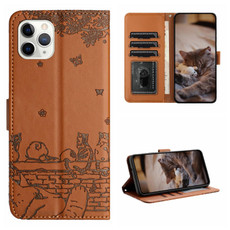 For iPhone 11 Pro Max Cat Embossing Pattern Leather Phone Case with Lanyard(Brown)