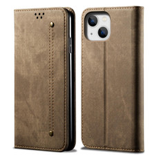 For iPhone 15 Denim Texture Casual Style Horizontal Flip Leather Case(Khaki)