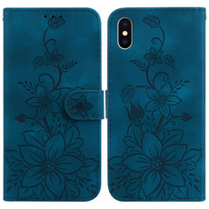 For iPhone XS Max Lily Embossed Leather Phone Case(Dark Blue)