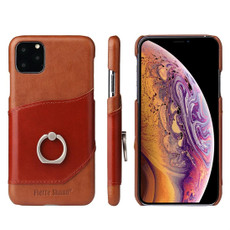 For iPhone 11 Pro Max Fierre Shann Oil Wax Texture Genuine Leather Back Cover Case with 360 Degree Rotation Holder & Card Slot (Brown)